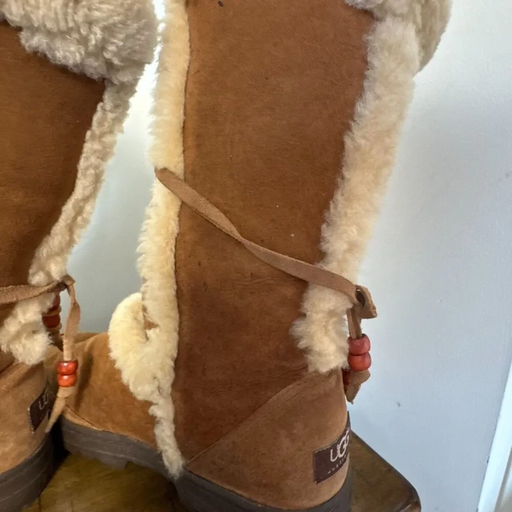 UGG Australia Womens 9 Chestnut Sheepskin Tall Boots Boho Rare Vintage